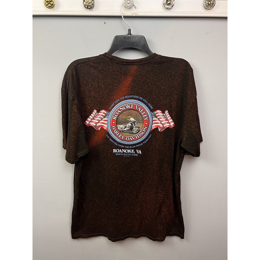 Harley-Davidson T-Shirt Mens L Brown Roanoke Valley VA‎ Bleach Splatter Graphic